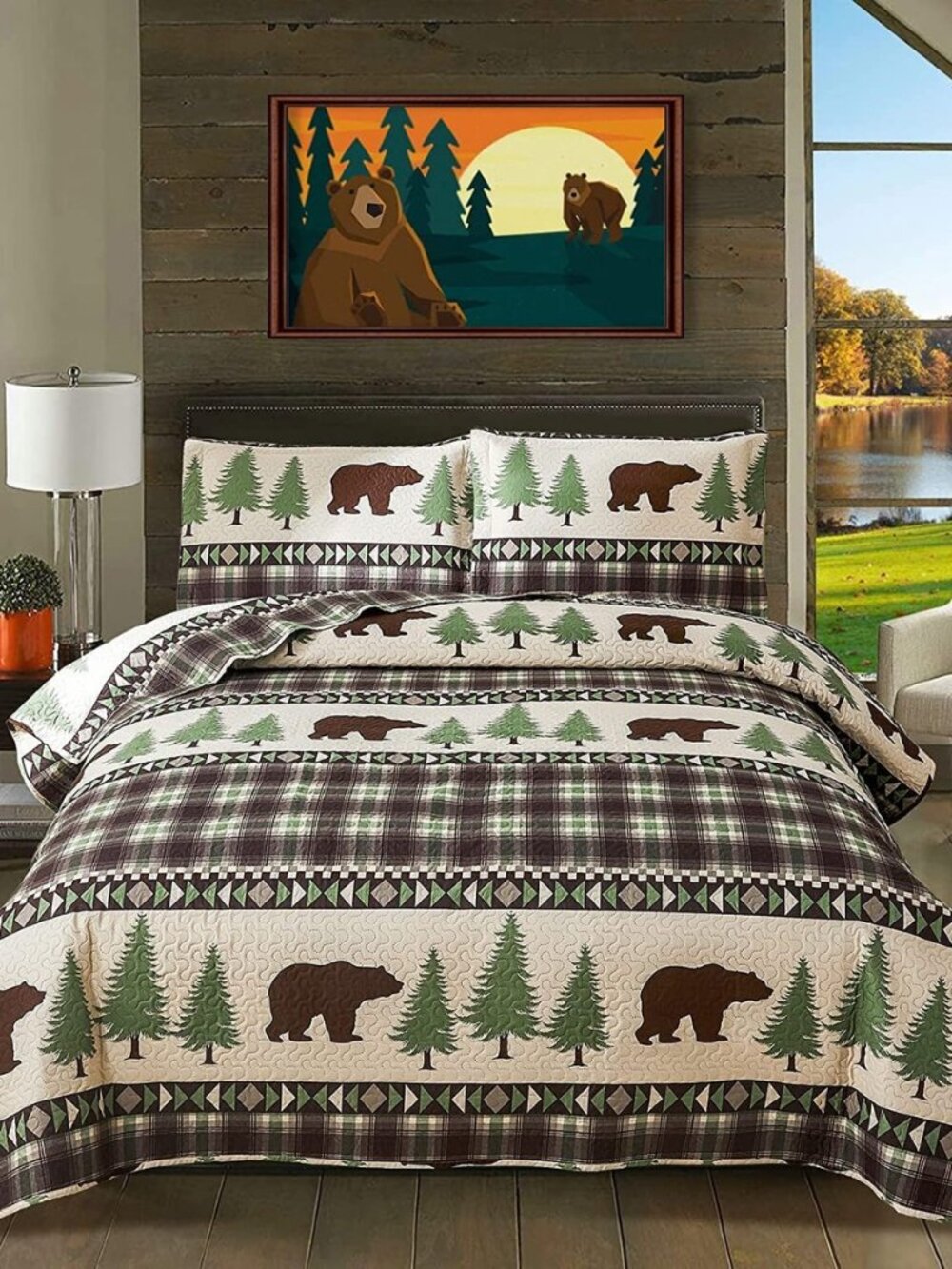 Lodge Quilts Set King Size, 3Pcs Rustic Cabin Brown Bear Bedding Green Pine Tree